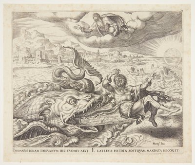 Jonas rejeté sur le rivage par la baleine - Philips Galle