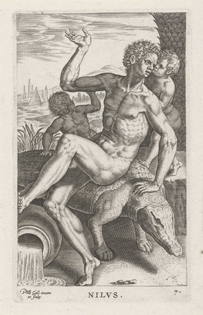 Dieu du fleuve Nilus (Nilvs) (Rivier- en zeegoden) (Semideorum Marinorum amnicorumque sigillariae imagines perelegantes) - Philips Galle