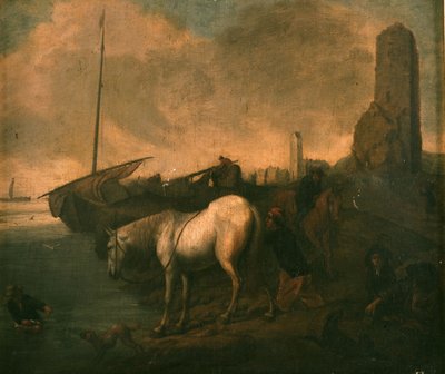 Échouage avec des chevaux et des pêcheurs - Philips Wouwerman