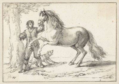 Jeune homme tenant un cheval cabré par la bride, effrayé par un chien aboyant - Philips Wouwerman