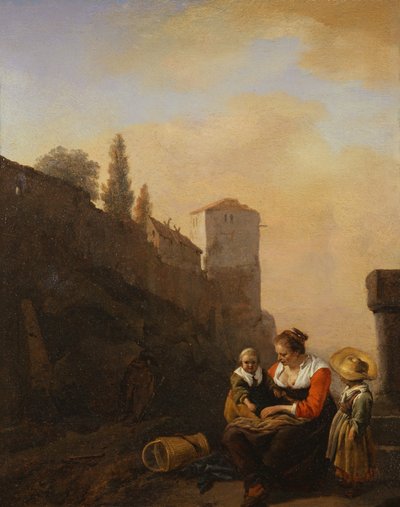 Un paysan et deux enfants se reposant devant une tour en Italie - Philips Wouwermans or Wouvermans