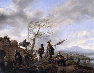 Un vaste paysage fluvial avec des soldats et un porte-étendard abreuvant leurs chevaux - Philips Wouwerman