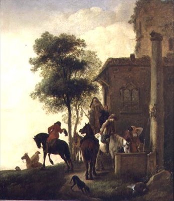 Voyageurs abreuvant leurs chevaux devant une auberge - Philips Wouwermans or Wouwerman