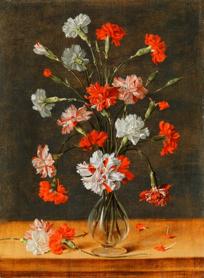 Œillets dans un vase en verre sur une table en pierre - Phillipe de Marlier