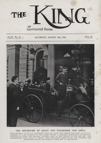 Le maréchal allemand Alfred von Waldersee partant de Berlin pour commander la force expéditionnaire internationale contre les Boxers en Chine, août 1900 - Photographer German