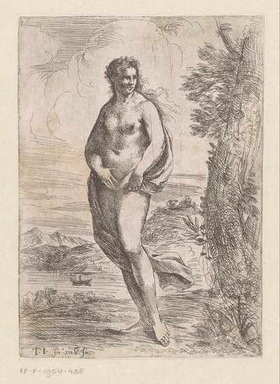 Staande naakte vrouw in landschap - Pier Francesco Mola