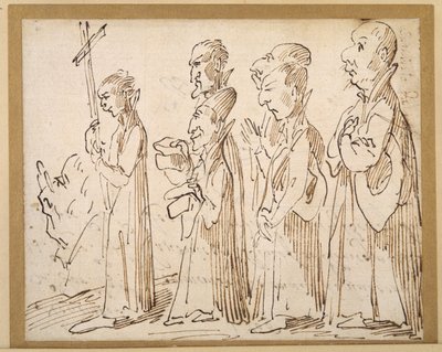 Procession jésuite, caricaturée avec un crucifère et cinq autres suivants; profil d