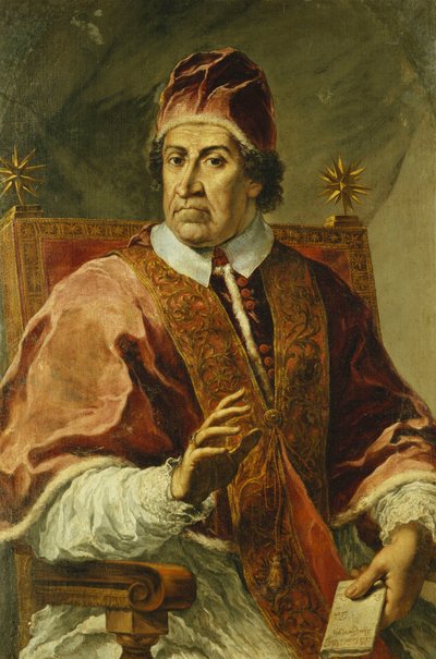 Portrait du Pape Clément XI, assis mi-longueur, portant des robes papales, tenant une lettre - Pier Leone Ghezzi