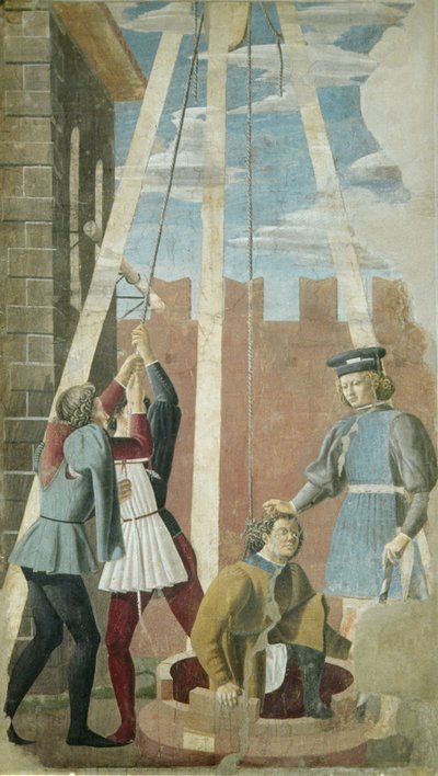 Torture du Juif : Judas tiré du puits, du Cycle de la Vraie Croix, complété en 1464 - Piero della Francesca