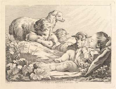 Deux enfants endormis avec trois moutons, 18ème siècle - Pierre Alexandre Aveline