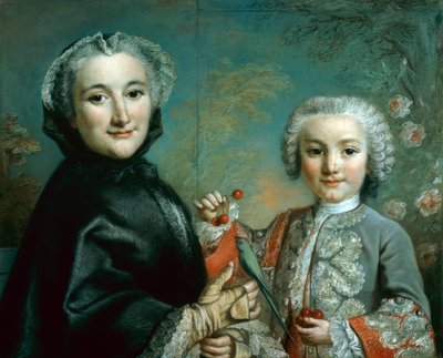 Femme et enfant avec une perruche et des cerises - Pierre Allais