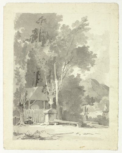 Urne classique devant un hangar, avec temple et montagne en arrière-plan - Pierre Antoine Mongin