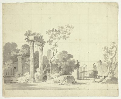 Vue du parc de Versailles : Colonnes en ruine et grille de fer ouverte - Pierre Antoine Mongin