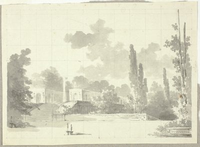 Vue du parc de Versailles : Escalier de la terrasse avec temple et colonne - Pierre Antoine Mongin