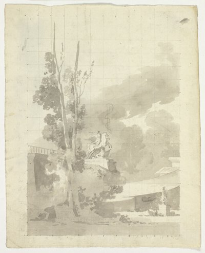 Vue du parc de Versailles : Terrasse, arbres et statue équestre - Pierre Antoine Mongin