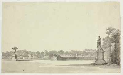Vue du parc de Versailles : Terrasse avec urne, sphinx et statue féminine - Pierre Antoine Mongin