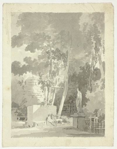 Vue du parc de Versailles : Deux personnages sur un banc dans une clairière, statue féminine à proximité - Pierre Antoine Mongin