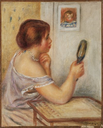 Gabrielle tenant un miroir ou Marie Dupuis tenant un miroir avec un portrait de Coco, début des années 1900 - Pierre Auguste Renoir