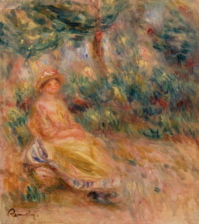 Femme en rose et jaune dans un paysage - Pierre Auguste Renoir