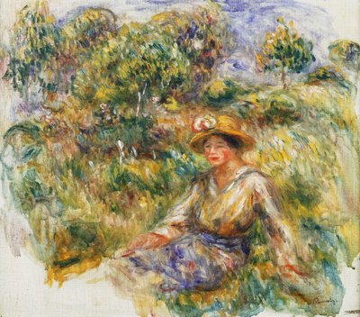 Femme en bleu en chapeau assise sur l