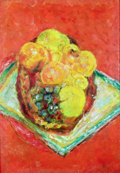 Pêches et raisins sur une nappe rouge, vers 1943 - Pierre Bonnard