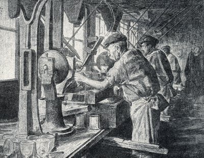 Atelier de découpe à la manufacture de verre cristal à Sèvres près de Paris Gravure tirée de 