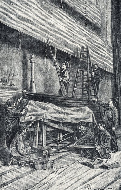 Maîtres de propriété : installation des décors avant la représentation Gravure de « Excursion à travers les métiers » par Pierre Calmette Collection privée - Pierre Calmettes