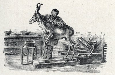 Taxidermie : un taxidermiste empaillant un bubale dans son atelier, gravure de « Excursion à travers les métiers » par Pierre Calmette, collection privée - Pierre Calmettes