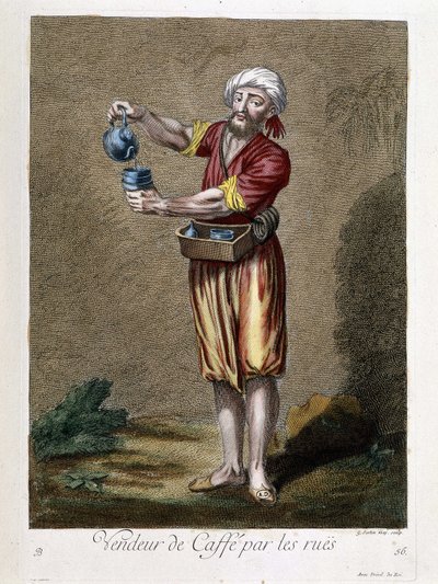 Vendeur de café dans les rues, Collection de 100 estampes représentant différentes nations du Levant en 1707 et 1708 par ordre de M. de Frriol, ambassadeur du roi à la Porte et mis à jour en 1712-13 par les soins de M. Le Hay, Basan graveur - Pierre François Basan