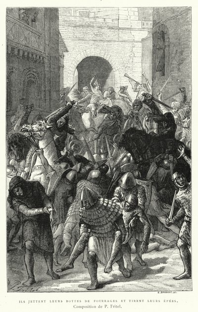 Ils jettent leurs bottes de fourrage et tirent leurs épées (gravure) - Pierre Fritel