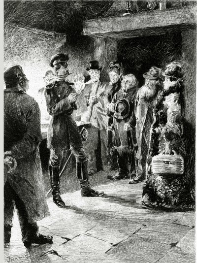 Un officier allemand demande Boule de suif en échange de la liberté de tous les passagers arrêtés dans la diligence. Dans « Boule de suif » de Guy de Maupassant (1850-1893). Illustration de P. G. Jeanniot (1848-1934). Publié chez Ollendorff - Pierre Georges Jeanniot