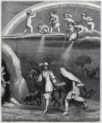 Énée et Didon surpris par la pluie dans la forêt. Illustration de « Virgile travesti » par Paul Scarron (1610-1660), une parodie de « L