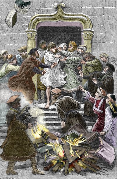 Socinianisme et Petite Église Polonaise : les habitants de Cracovie brûlent les œuvres de Faustus Socinus (Faust Socin ou Fausto Sozzini) (1539-1604) sur la place publique l