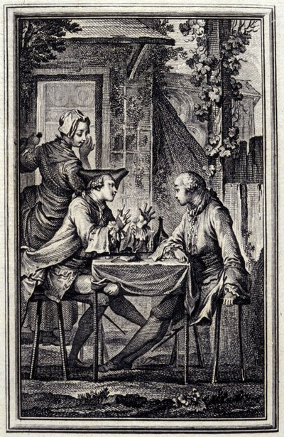 Le raccommodeur de moules. Dans « Contes et nouvelles en vers » par Jean de La Fontaine, Amsterdam 1776. Illustré par P.P. Choffard - Pierre Philippe Choffard