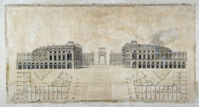Architecture : Projet de Place Royale pour Marseille, perspective sur le port et plan au sol 1686 - Pierre Puget