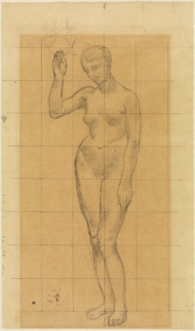 Stehender Frauenakt, schräg nach links, einen Kranz in der erhobenen Rechten - Pierre Puvis de Chavannes