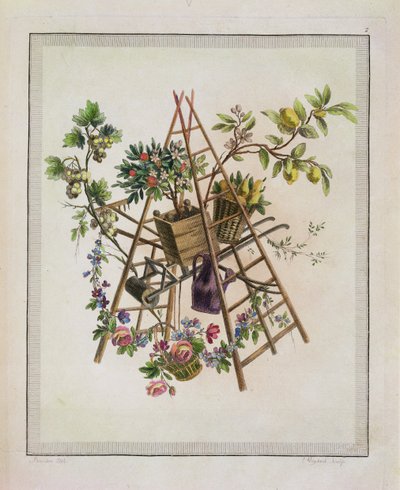 Un motif textile de jardin, de Oeuvre contenant un Receuil de Trophees, Attributs, Cartouches, Vases, Fleurs, Ornemens, et Plusieurs Dessins agréables pour broder des Fauteuils, gravé par Etienne C - Pierre Ranson