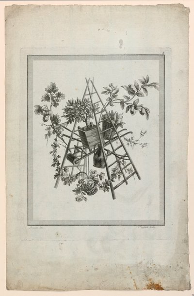 Trophée avec instruments de jardinage, Planche 2 de "Suite de différents Attributs, Trophées, et Groupes de fleurs," Suite II - Pierre Ranson