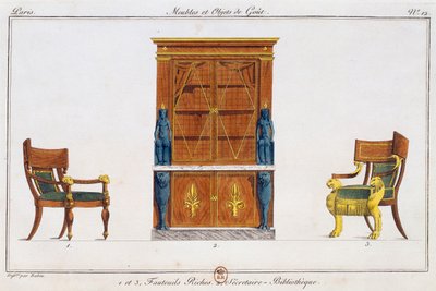 Fauteuils et bureau de bibliothèque, planche 12, illustration de Collection de meubles et objets de goût - Pierre de La Mesangere