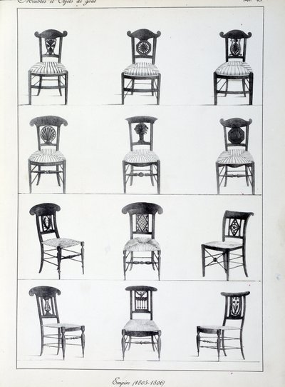 Différents modèles de chaises du Premier Empire (1805-1806). Planche tirée de la collection « Collection de meubles et objets de goût » de Pierre de la Mésangère (1761-1831). Paris. Arts décoratifs - Pierre de La Mesangere