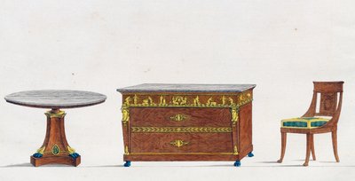 Table en acajou, commode et chaise, planche 241, illustration de Collection de meubles et objets de goût - Pierre de La Mesangere