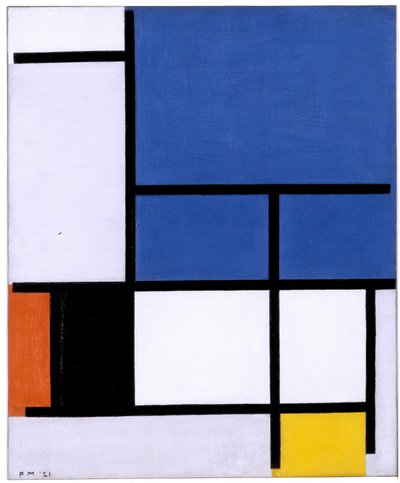 Composition avec grand plan bleu, rouge, noir, jaune et gris - Piet Mondrian