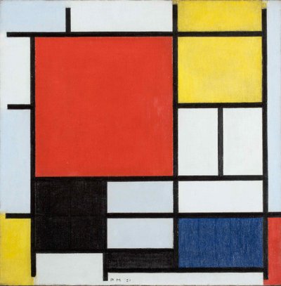 Composition avec grande surface rouge, jaune, noir, gris et bleu - Piet Mondrian