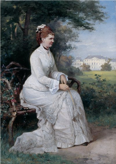 Portrait de la princesse Emma von Waldeck-Pyrmont assise sur un banc dans le parc du Palais Het Loo - Piet Schipperus