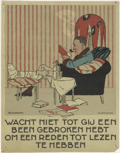 Homme lisant avec une jambe cassée dans un fauteuil - Piet van der Hem
