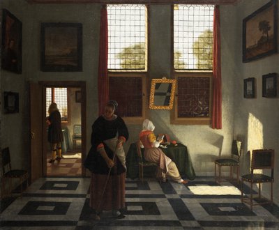Intérieur avec peintre, femme lisant et femme de ménage balayant, c.1665-70 - Pieter (1623 82) Janssens