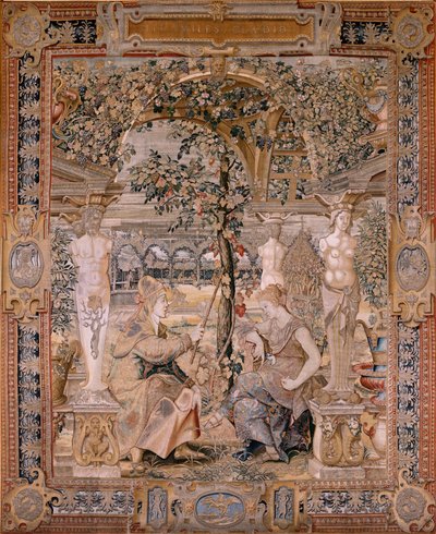 Tapisserie flamande. Série Vertumne et Pomone. Vertumne transformé en vieille femme. Sixième tapisserie de la série. Modèle Cercle de Pieter Coecke van Aelst. Manufacture Wilhelm Pannemaker, Bruxelles. Vers 1545-1550. - Pieter (circle of) Coecke van Aelst
