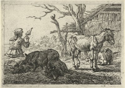 Femme filant, cochons et ânes - Pieter Bodding van Laer