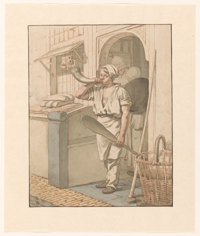 Boulanger soufflant dans une corne devant sa boutique - Pieter Christoffel Wonder