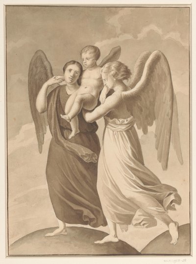 Deux anges portant un enfant à travers la séparation de deux mondes représentés comme des sphères - Pieter Christoffel Wonder